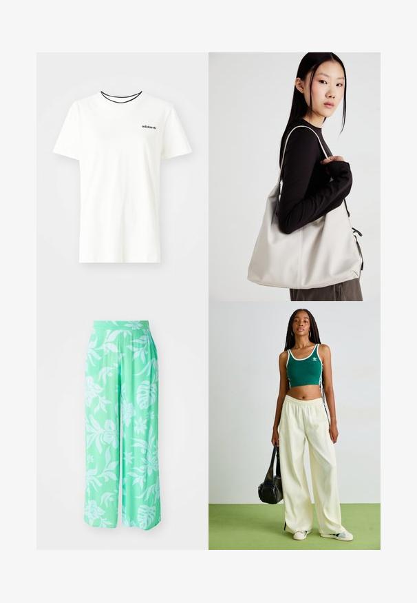 White cotton t-shirt with short sleeves and a round neckline. Features a black Adidas logo on the chest and a contrasting black inner collar.; Light green wide-leg pants with a white floral print. Made of textured fabric, featuring an elastic waistband and loose fit.; Green cropped tank top with white trim, paired with wide-leg cream trousers. Model holds a small black bag. Simple sneaker shoes.; Beige handbag made of soft material, featuring a slouchy design, stitched detailing, and two shoulder straps. Suitable for everyday use.; Silver hoop earrings with a smooth, round design and a polished finish. They are thin and lightweight, featuring a simple clasp closure.