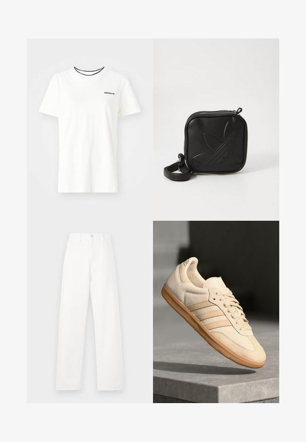 Biała bawełniana koszulka z krótkim rękawem i okrągłym dekoltem. Ma czarne logo Adidas na piersi oraz kontrastowy czarny wewnętrzny kołnierzyk.; Białe dżinsy o wysokim stanie, prostym kroju nogawki, widocznym przeszyciu, pięcioma kieszeniami i metalowym zapięciem.; Jasno beżowe zamszowe sneakersy z gumową podeszwą, trzema skośnymi paskami i teksturowanym noskiem. Zawierają logo na języku i boku.; Czarna torba na ramię wykonana z teksturowanego materiału syntetycznego. Posiada wytłoczone logo oraz regulowany pasek. Zamek błyskawiczny.