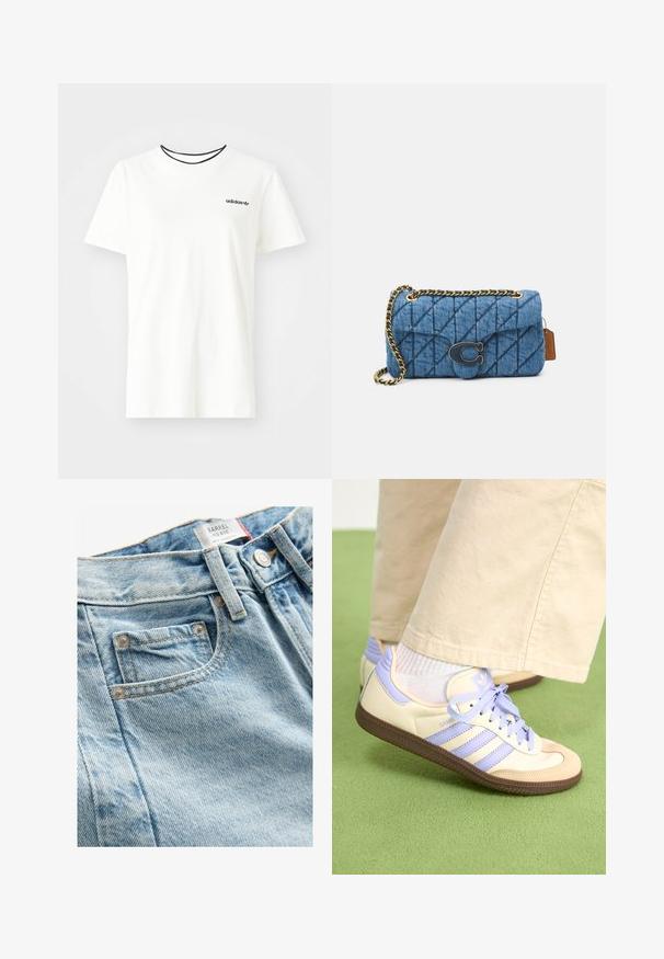 Bijela pamučna majica kratkih rukava s okruglim izrezom. Ima crni Adidas logo na prsima i kontrastnu crnu unutrašnju ovratniku.; Svijetloplave traperice srednjeg struka s teksturiranom završnom obradom, koje imaju mali prednji džep i metalnu kopču. Uočljivo šivanje je vidljivo.; Kremasto-ljubičaste tenisice s tri pruge i strukturiranim smeškim potplatom, s vezicama i podstavljenim petom. Mekana gornja tkanina.; Plava ispunjena torba od denima s remenom od zlatnog lanca i istaknutim zlatnim logotipom sprijeda. Kompaktni pravokutni oblik.