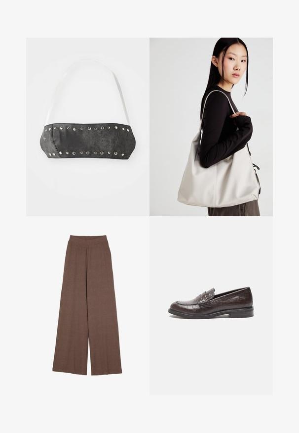 Bandeau din piele sintetică neagră cu ținte din metal argintiu pe marginea din față; prezintă bretele albe ajustabile. Textură netedă, formă structurată.; Pantaloni largi dintr-un material texturat, cu fâșii, într-o nuanță caldă de maro. Au un brâu fără cusături și o siluetă fluidă.; Mocasini din piele maro închis cu textură de crocodil, toc mic și detalii cusute în față pentru un design suplimentar.; Geantă bej din material moale, cu un design lejer, detalii cusute și două bretele pentru umăr. Potrivită pentru utilizarea zilnică.