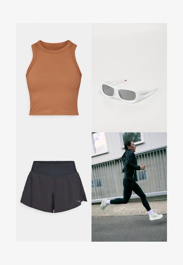 Top corto sin mangas marrón, hecho de una tela suave. Presenta un escote alto y bordes ajustados para un diseño ceñido.; Pantalones cortos deportivos negros con una cinturilla ancha y suave. Presenta un diseño acampanado y un detalle de logotipo reflectante en la parte inferior derecha.; Zapatillas de correr en verde claro con suela texturizada, combinadas con mallas negras y una chaqueta negra. El corredor está en medio de un zancada sobre una superficie pavimentada.; Gafas de sol Oakley rectangulares blancas con lentes oscuros, reposando sobre una superficie blanca, con el logo visible en el lateral.