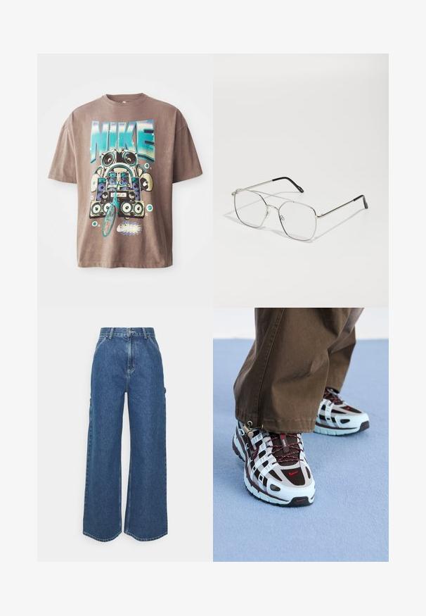Tricou din bumbac marron cu un grafic îndrăzneț și colorat reprezentând un boombox și o bicicletă. Designul include cuvântul "NIKE" cu litere albastre mari.; Pantaloni din denim albastru cu talie înaltă și picioare largi, cu o cusătură contrastantă și buzunare laterale, având un design clasic cu cinci buzunare și margini brut.; Sneakers Nike cu un scheme de culori albastru deschis și maroniu, realizate din materiale din plasă și cauciuc, având accente roșii contrastante și o talpă texturată.; Ochelari de metal argintii cu o formă geometrică octagonală, lentile clare și vârfuri negre pe brațe. Design minimalist cu rame subțiri.