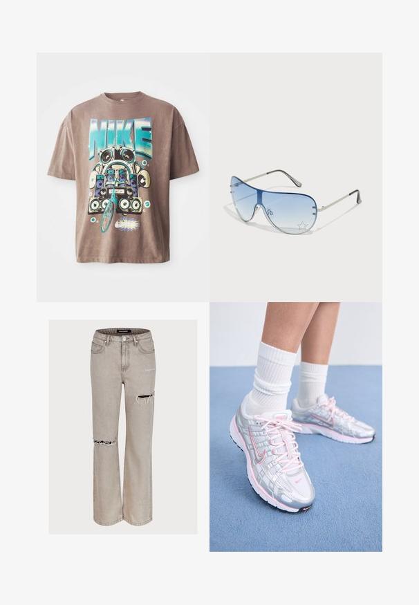 Ruda medvilnė marškinėliai su ryškiu, spalvingu boomboxo ir dviračio grafiniu dizainu. Dizainas apima žodį "NIKE" didelėmis mėlynomis raidėmis.; Šviesiai pilki džinsai, laisvo kirpimo, su nusidėvėjimo akcentais, skylėmis keliuose ir išblukusia tekstūra. Komplekte yra penki kišenės ir diržo kilpos.; Nike bėgimo batai su sidabriniu tinkleliu ir rožiniais akcentais, balta raišteliu ir tekstūruotu padu. Dėvimi su baltais medvilniniais sportiniais kojiniais.; Aviatoriai akiniai su gradientiniais mėlynais objektyvais, sidabriniu metaliniu rėmu ir dekoratyvinėmis žvaigždžių akcentais ant objektyvų. Lygaus ir stilingo dizaino.