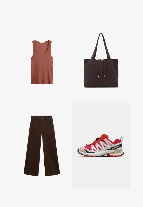 Top a costine in colore terracotta, con scollatura rotonda e ampi fori per le braccia, realizzato in un tessuto morbido e leggero.; Pantaloni larghi marroni in misto cotone, caratterizzati da orlo sfrangiato, chiusura frontale con bottone e classico design a cinque tasche. Minimalisti e versatili.; Sneaker a rete rossa e rosa con accenti bianchi e neri. Presenta un colletto imbottito, un sistema di allacciatura con ganci e un suola in gomma testurizzata.; Mango Shopping bag - dark brown