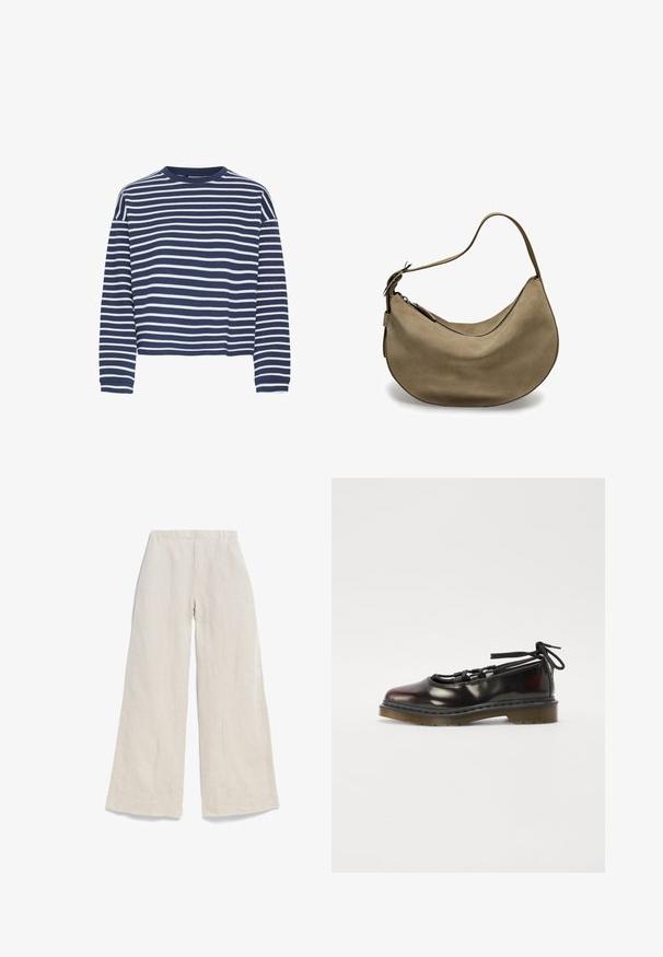 Navyblaues Langarmoberteil mit weißen horizontalen Streifen, Rundhalsausschnitt und cropped Saum. Der Stoff wirkt weich mit einer strukturierten Oberfläche.; Helle beige Weitbeine-Hose aus Leinen, mit einer glatten Textur, elastischem Taillenbund und gesteppten vorderen Falten für zusätzlichen Design-Details.; Glänzender dunkelroter Schuh mit abgerundeter Zehe, Schnürdesign, Gummisohle und schwarzen Schnürsenkeln, mit silberner Hardware und genähten Kanten.; Braune Wildleder-Hobo-Tasche mit geschwungener Form, einfachem Schulterriemen, Reißverschluss und glatter Textur. Schlichtes Design mit minimalen Hardware-Details.
