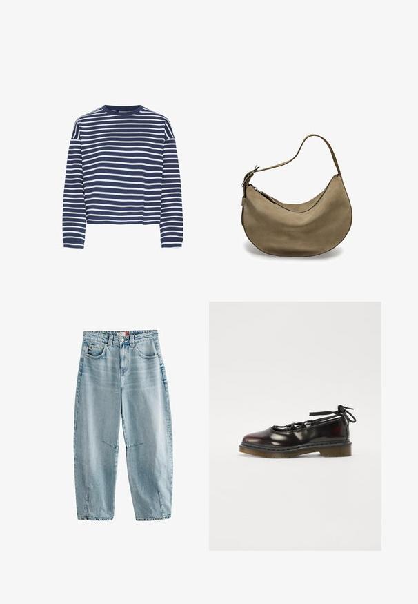 Maglietta a maniche lunghe di colore blu navy con righe orizzontali bianche, scollo a girocollo e orlo cropped. Il tessuto sembra morbido con una finitura testurizzata.; Jeans in denim blu chiaro con vita alta, vestibilità rilassata, due tasche anteriori, leggera scoloritura e spacchi laterali all'orlo.; Scarpa lucida rosso scuro con punta tonda, design con lacci, suola in gomma e lacci neri, dotata di parti in metallo argentato e bordi cuciti.; Borsa hobo in suede marrone con forma curva, tracolla singola, chiusura con zip e superficie liscia. Design semplice con dettagli hardware minimi.