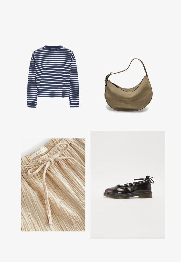 Granatowa bluzka z długim rękawem w białe poziome paski, okrągły dekolt i krótszy krój. Materiał wydaje się być miękki z teksturowanym wykończeniem.; Beżowe szorty z fakturowanej tkaniny, z marszczonym pasem i wiązaniem z przodu, wykonane z lekkiego materiału z drobnymi, pionowymi liniami.; Błyszczący, ciemnoczerwony but z zaokrąglonym noskiem, sznurowanym designem, gumową podeszwą i czarnymi sznurowadłami, z metalowymi elementami w kolorze srebrnym oraz przeszytymi brzegami.; Brązowa zamszowa torba hobo o zaokrąglonym kształcie, z pojedynczym paskiem na ramię, z zamkiem błyskawicznym i gładką strukturą. Prosty design z minimalną ilością detali metalowych.