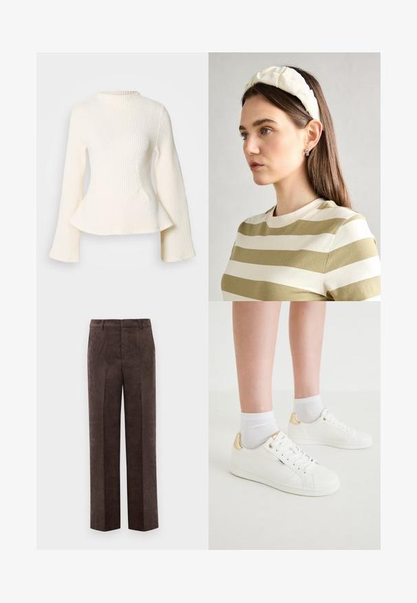 Cremfarbener rippenstrukturierter Pullover mit hohem Kragen, langen, ausgestellt geschnittenen Ärmeln und einem Pfeplumsaum. Die strukturierte Stoffqualität sorgt für visuelles Interesse.; Braune Cordhose mit geradem Bein, Gürtelschlaufen und vorderen Bügelfalten vor einem weißen Hintergrund.; Weiße Sneakers mit glatter Oberfläche, die an der Ferse einen goldenen Akzent haben, mit Schnürung vorne und minimalistischem Design. Kombiniert mit weißen Socken.; Cremfarbener gepolsterter Haarreif mit gedrehtem Design, kombiniert mit einem beigen und weißen gestreiften Shirt mit rundem Halsausschnitt. Dezente Schmuckakzente.