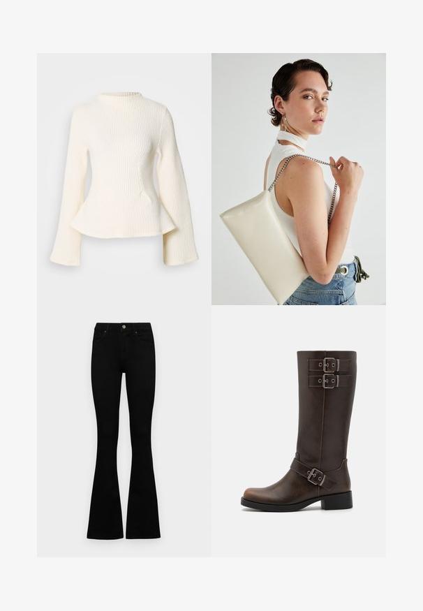 Kreem ribakammastega kudumüts kõrge kaelusega, pikad lehvitud varrukad ja peplum-äär. Tekstuuriga kangas lisab visuaalset huvi.; Mustad kõrge vöökohtadega teksad, millel on nööp ja lukuga sulgemine, esikäe taskud ja laienevad sääred, asetatud tasasele valgele taustale.; Even&Odd Kauboi-/mootorrattasaapad - brown; Valge ristkülikuline kotti, mis on valmistatud läikivast materjalist, hõbedase ahelsangaga. Mudel poseerib, tutvustades kotti ühtlase taustaga.