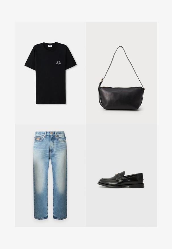 Tricou din bumbac negru cu guler rotund. Prezintă un mic design grafic alb pe piept. Mâneci scurte și tiv drept.; Blugi din denim albastru deschis, cu croială dreaptă, zone decolorate, design cu cinci buzunare, capse pentru curea și închidere cu nasture la talie.; Lofer din piele neagră, cu vârful rotunjit, cusături decorative și o mică clapetă frontală. Talpă din cauciuc plat, cu un toc minim.; Geantă de umăr din piele neagră cu o curea lungă ajustabilă și închidere cu fermoar auriu în partea de sus, expusă pe un fundal simplu.