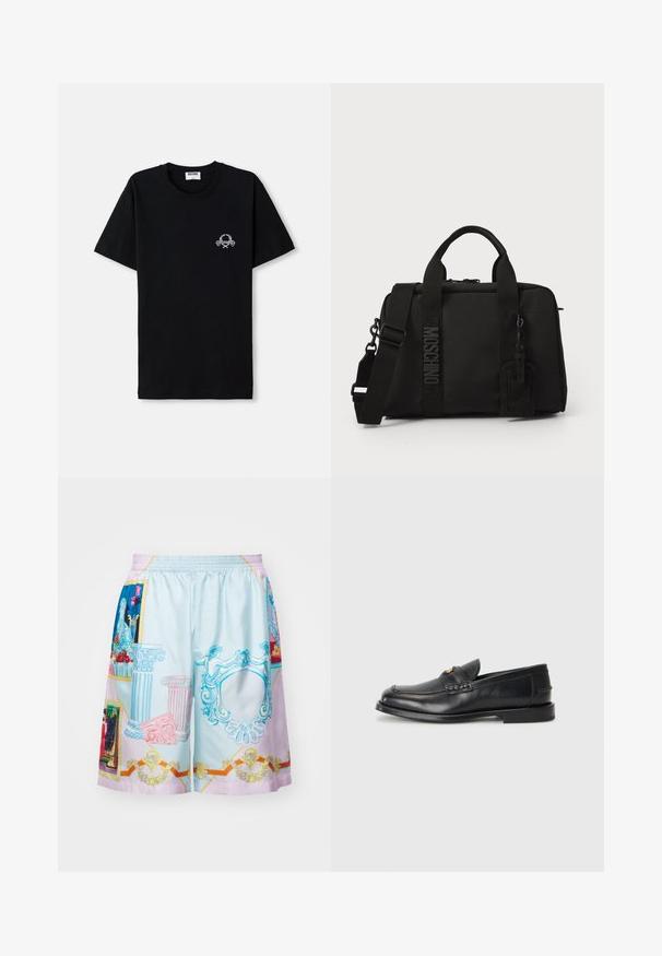 Melna kokvilnas T-krekls ar apaļu kakla izgriezumu. Ar mazu baltu grafisku dizainu uz krūšu daļas. Īsas piedurknes un taisna apakšdaļa.; Versace GALLERY - Šorti - blue/pastel pink/multicolor; Melnā ādas mokasīni ir ar noapaļotu purngalu, šūšanas detaļām un nelielu zelta akcentu priekšpusē. Zole ir plaka un diskrēta.; Melnas tekstila soma ar divām rokturiem un noņemamu plecu siksnu. Iezīmēta ar iegravētu logo un ādas piekariņu. Gluda tekstūra, taisnstūra forma.