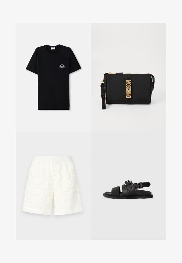 T-shirt en coton noir avec un col rond. Présente un petit design graphique blanc sur la poitrine. Manches courtes et ourlet droit.; Shorts blancs présentant un motif floral texturé, une taille élastique et des bords effilochés. Fabriqués en tissu léger, adaptés aux temps chauds.; Sandale en cuir noir avec deux larges sangles et une sangle de cheville ajustable avec une boucle. Semelle plate avec un bord texturé.; Pochette en nylon noir avec quincaillerie dorée, dotée d'une bande logo centrale. Inclut une bandoulière amovible et une fermeture zippée pour une utilisation sécurisée.