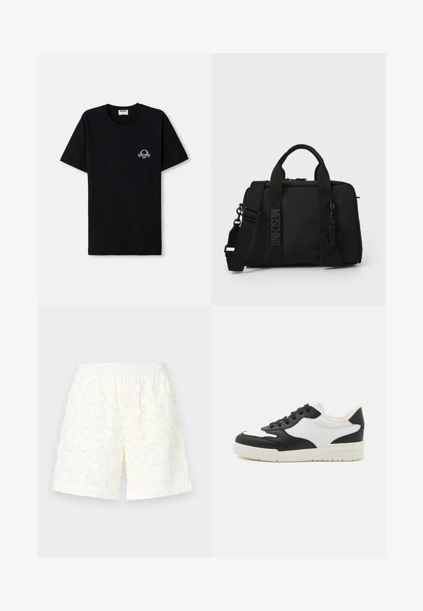 Svart bomulls t-shirt med rund halsringning. Har en liten vit grafisk design på bröstet. Korta ärmar och rak nederkant.; Vita shorts med ett texturerat blommönster, elastisk midja och fransade kanter. Tillverkade av lätt material, lämpliga för varmt väder.; Svart och vit sneaker med en slät läderöverdel, rund tå och platt gummisula. Har svarta snören och mjukt innertyg.; Svart textilväska med dubbla handtag och avtagbar axelrem. Har präglad logotyp och lädretikett. Slät yta, rektangulär form.