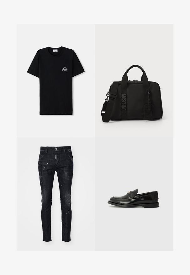 Crna pamučna majica s okruglim izrezom. Ima mali bijeli grafički dizajn na prsima. Kratki rukavi i ravni rub.; Crne traperice od denima s uskim krojem, izlizanim teksturom, naglascima od boje u mrljama i odvažnim grafičkim printovima sprijeda.; Crni kožni loafer s okruglim prstom, dekorativnim šavovima i malim prednjim preklopom. Ravan gumeni đon s minimalnim potplatom.; Crna tekstilna torba s dvostrukim ručkama i odvojivim remenom za rame. Ima utisnuti logotip i kožnu oznaku. Glatka tekstura, pravokutni oblik.