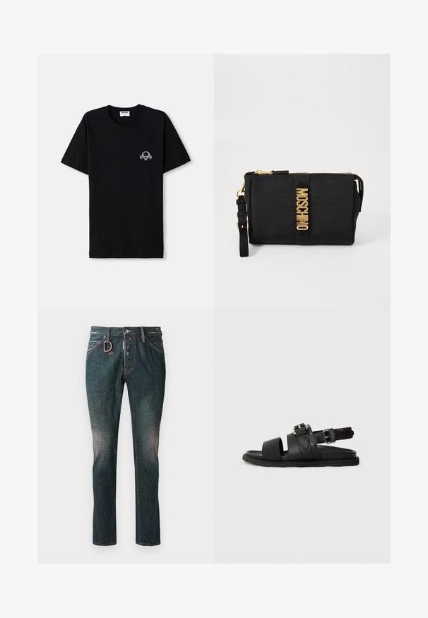 Fekete pamut póló, kerek nyakkivágással. Kicsi fehér grafikai mintával a mellrészen. Rövid ujjú és egyenes aljjal rendelkezik.; Sötét farmernadrág, enyhén megfakult textúrával, kontrasztos rózsaszín varrással és fém hurokkal az elülső zsebben.; Fekete bőr szandál, amely két széles pánttal és egy csattal állítható bokapánttal rendelkezik. Lapos talp, textúrázott szélekkel.; Fekete nylon női táska arany hardverrel, középső logós csíkkal. Tartalmaz levehető pántot és cipzáras záródást a biztonságos használat érdekében.