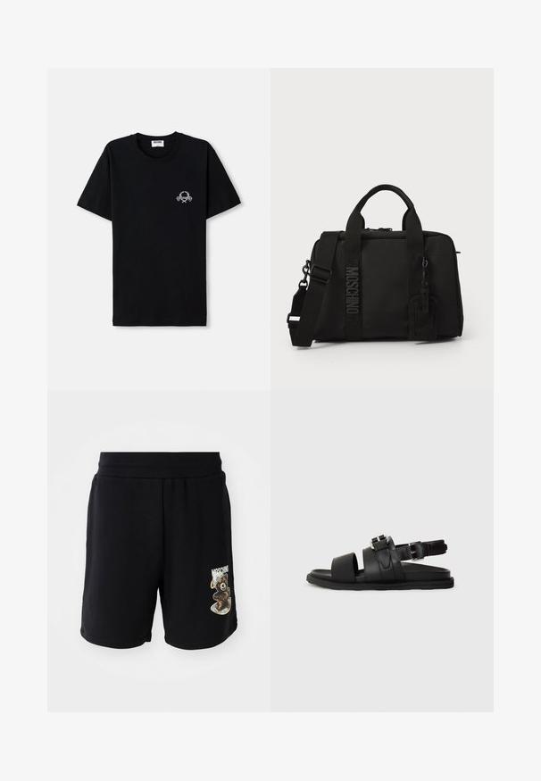 T-shirt en coton noir avec un col rond. Présente un petit design graphique blanc sur la poitrine. Manches courtes et ourlet droit.; Shorts noirs en coton avec taille élastique, présentant un motif d'ours et le texte "Moschino" sur la jambe gauche. Texture lisse, design à mi-cuisse.; Sandale en cuir noir avec deux larges sangles et une sangle de cheville ajustable avec une boucle. Semelle plate avec un bord texturé.; Sac en textile noir avec double poignées et bandoulière amovible. Présente un logo en relief et une étiquette en cuir. Texture lisse, forme rectangulaire.