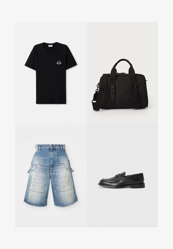 Čierne bavlnené tričko s okrúhlym výstrihom. Má malý biely grafický dizajn na hrudi. Krátke rukávy a rovný lem.; Džínové šortky s vyblednutou svetlomodrou farbou, obsahujúce štyri vrecká, s opotrebovaným detailom a širokým, rovný strihom. Zosilnené švy.; Čierne kožené mokasíny majú zaoblenú špičku, prešívané detaily a malý zlatý akcent na prednej strane. Podrážka je plochá a nenápadná.; Čierna textilná taška s dvojitými uchami a odnímateľným ramenným popruhom. Obsahuje vstavané logo a koženú visačku. Hladká textúra, obdĺžnikový tvar.