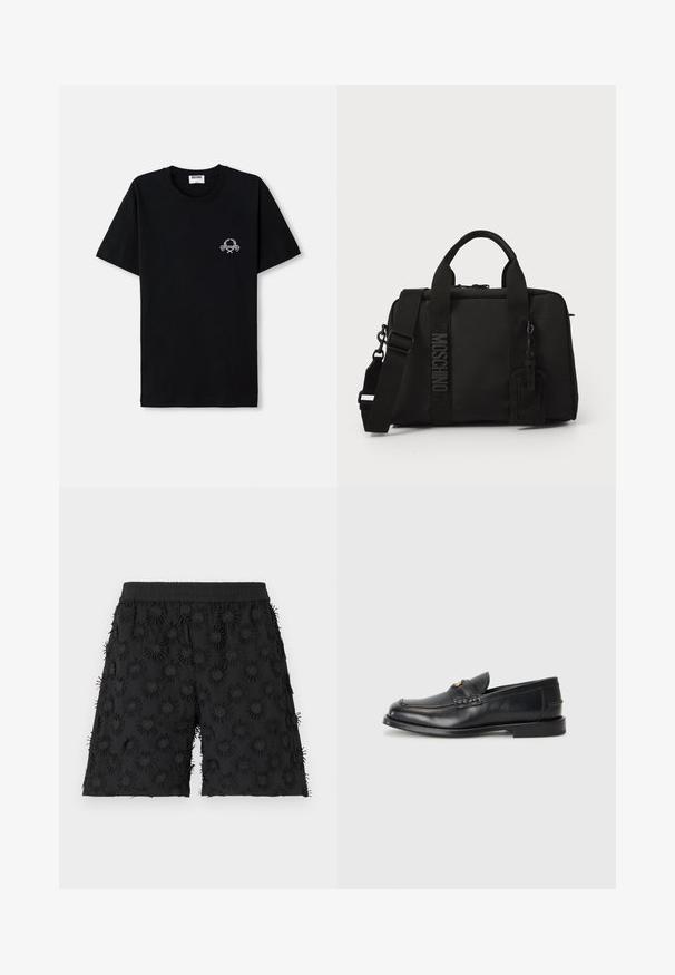 Čierne bavlnené tričko s okrúhlym výstrihom. Má malý biely grafický dizajn na hrudi. Krátke rukávy a rovný lem.; Čierne šortky s elastickým pásom, zdobené textúrovanými kruhovými vzormi a vyšívaním, čím vytvárajú trojrozmerný efekt.; Čierne kožené mokasíny majú zaoblenú špičku, prešívané detaily a malý zlatý akcent na prednej strane. Podrážka je plochá a nenápadná.; Čierna textilná taška s dvojitými uchami a odnímateľným ramenným popruhom. Obsahuje vstavané logo a koženú visačku. Hladká textúra, obdĺžnikový tvar.