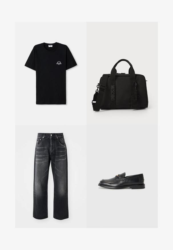 Crna pamučna majica s okruglim izrezom. Ima mali bijeli grafički dizajn na prsima. Kratki rukavi i ravni rub.; Crne traperice ravnog kroja s izblijedjelim naborima na bedrovima, prednjim gumbom, zatvaračem na munju i dizajnom s pet džepova.; Crne kožne mokasine imaju zaobljen vrh, šivane detalje i mali zlatni akcent na prednjem delu. Đon je ravan i diskretan.; Crna tekstilna torba s dvostrukim ručkama i odvojivim remenom za rame. Ima utisnuti logotip i kožnu oznaku. Glatka tekstura, pravokutni oblik.