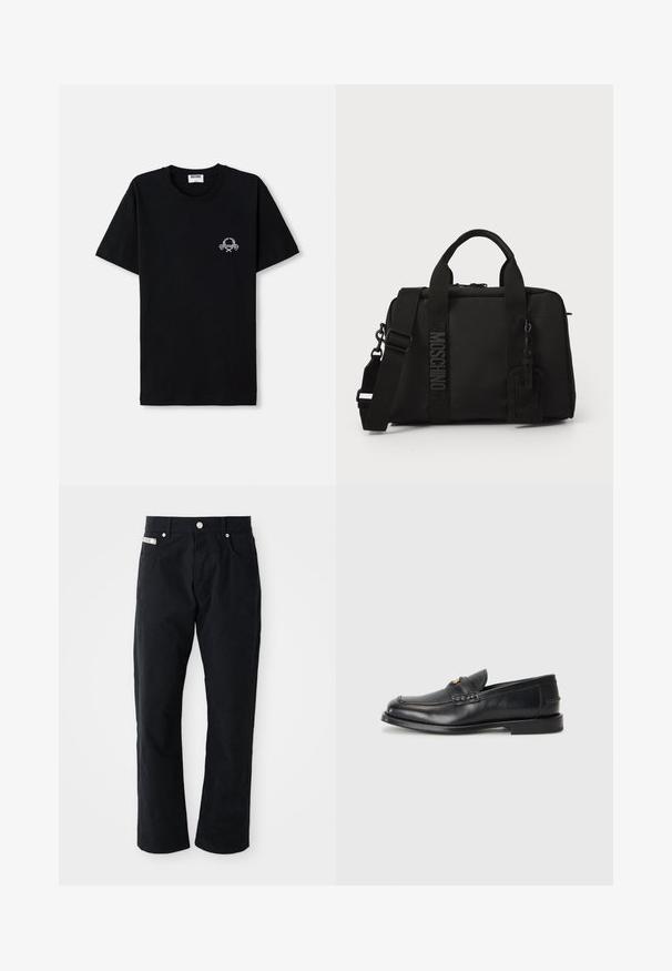 Črna bombažna majica s kratkimi rokavi in okroglo ovratnikom. Ima majhen bel grafični motiv na prsih. Kratki rokavi in ravno rob.; Črne bombažne hlače s ravnim krojem, petimi žepi, srebrnimi dodatki in subtilno teksturirano površino.; Črne usnjene loafersice imajo zaokrožen nosek, šivano detajliranje in majhen zlat akcent na sprednji strani. Podplat je raven in diskreten.; Črna tekstilna torba z dvema ročajema in snemljivim naramnim trakom. Ima izbočeno logo in usnjeno oznako. Gladka tekstura, pravokotna oblika.