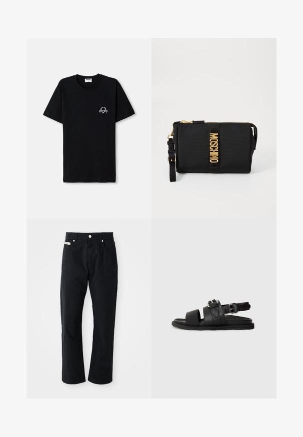 Camiseta de algodón negra con escote redondo. Presenta un pequeño diseño gráfico blanco en el pecho. Mangas cortas y dobladillo recto.; Pantalones de algodón negros con un diseño de pierna recta, cinco bolsillos, detalles en plata y un acabado texturizado sutil.; Sandalia de cuero negro con dos tiras anchas y una correa para el tobillo ajustable con hebilla. Suela plana con un borde texturizado.; Clutch de nylon negro con herrajes dorados, que presenta una franja central con el logo. Incluye una correa detachable y cierre con cremallera para un uso seguro.