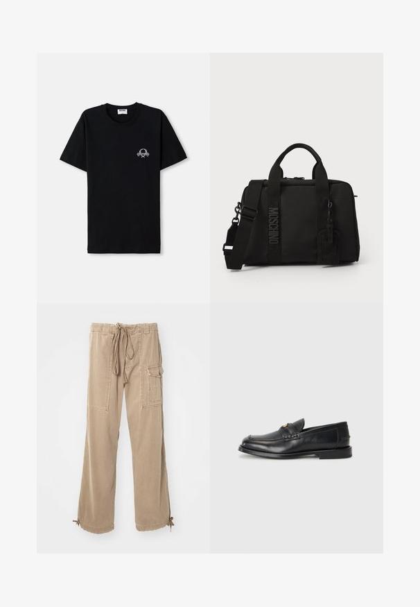 Fekete pamut póló, kerek nyakkivágással. Kicsi fehér grafikai mintával a mellrészen. Rövid ujjú és egyenes aljjal rendelkezik.; Beige cargo nadrág, húzózsinórral a derékon, széles lábakkal, oldalsó zsebekkel és megkötőkkel az alsón. Puha, tartós pamut anyagból készült.; A fekete bőrcipők lekerekített orral, varrott részletezéssel és egy apró arany díszítéssel rendelkeznek az elején. A talp lapos és diszkrét.; Fekete szövet táska dupla fogantyúval és levehető vállpánttal. Dombornyomott logóval és bőr címkével rendelkezik. Sima textúrájú, téglalap alakú.