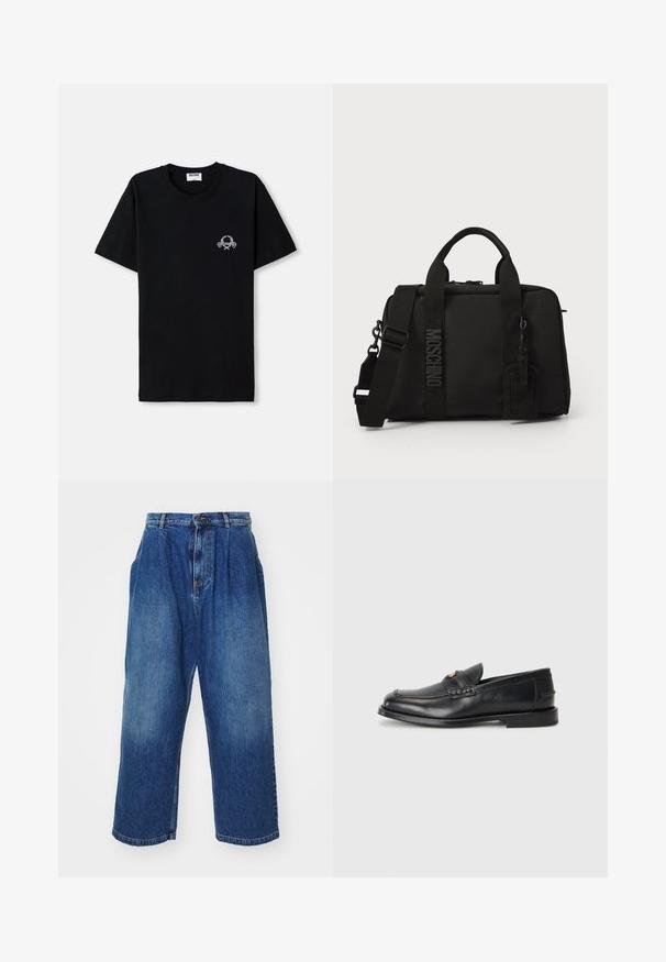 T-shirt in cotone nero con scollatura a girocollo. Presenta una piccola grafica bianca sul petto. Maniche corte e orlo dritto.; MOSCHINO PANTALONE - Jeans baggy - blue; Mocassini in pelle nera con punta rotonda, dettagli cuciti e una piccola accentuazione dorata sul davanti. La suola è piatta e discreta.; Borsa di tessuto nera con doppio manico e tracolla removibile. Presenta un logo in rilievo e un'etichetta in pelle. Texture liscia, forma rettangolare.