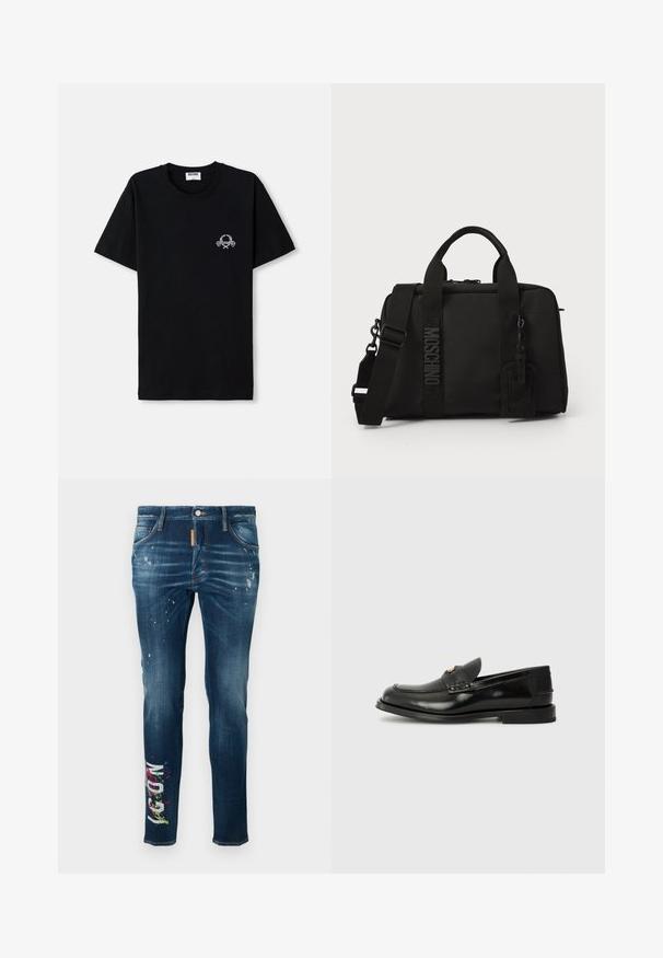 Camiseta de algodón negra con escote redondo. Presenta un pequeño diseño gráfico blanco en el pecho. Mangas cortas y dobladillo recto.; Vaqueros de mezclilla azul con un corte ajustado, con salpicaduras de pintura y texto gráfico colorido en la pierna izquierda. Costuras en contraste a lo largo de las costuras.; Mocasín de cuero negro con punta redondeada, costuras decorativas y una pequeña solapa en la parte delantera. Suela plana de goma con tacón mínimo.; Bolsa textil negra con asas dobles y correa de hombro desmontable. Presenta un logo en relieve y una etiqueta de cuero. Textura suave, forma rectangular.