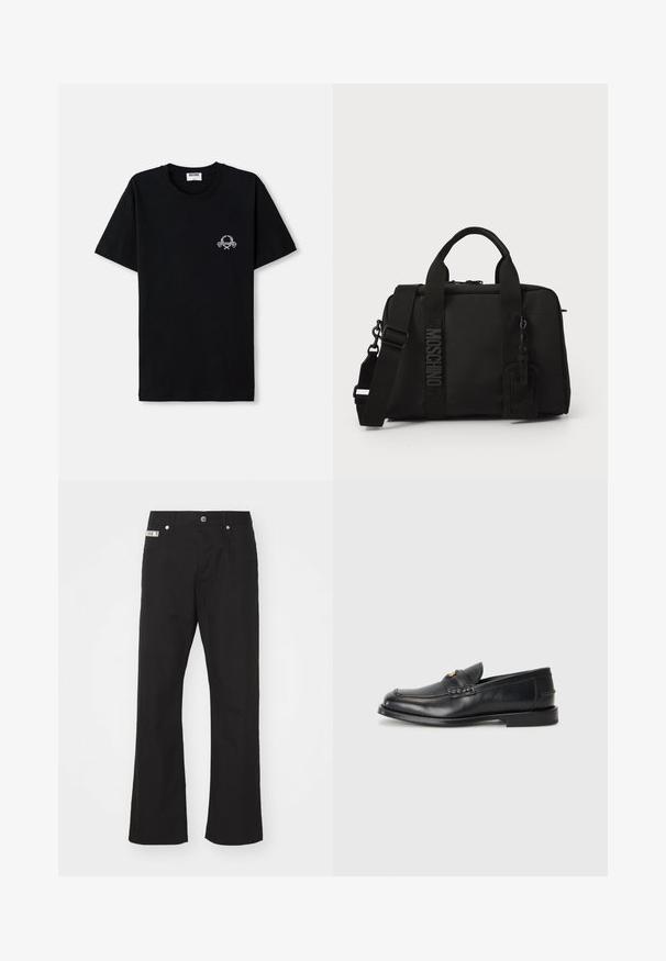 Fekete pamut póló, kerek nyakkivágással. Kicsi fehér grafikai mintával a mellrészen. Rövid ujjú és egyenes aljjal rendelkezik.; Fekete pamut nadrág, egyenes szárú fazonnal, elöl gombos záródással, két oldalsó zsebbel és egy kis márkacímkével a deréknál.; A fekete bőrcipők lekerekített orral, varrott részletezéssel és egy apró arany díszítéssel rendelkeznek az elején. A talp lapos és diszkrét.; Fekete szövet táska dupla fogantyúval és levehető vállpánttal. Dombornyomott logóval és bőr címkével rendelkezik. Sima textúrájú, téglalap alakú.