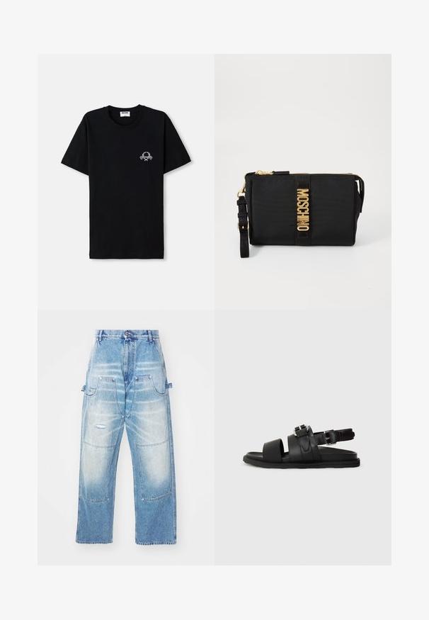 Juodas medvilnės marškinėliai su apvalia iškirpte. Su mažo balto grafikos dizaino elementu krūtinėje. Trumpomis rankovėmis ir tiesiu pašonu.; Šviesiai mėlynos džinsinės kelnės su laisvu siluetu, turinčios kelis kišenius, nusidėvėjimo detales ir išblukusį apdailą. Tiesios kojos dizainas.; Juodos odinės šlepetės su dviem plačiomis juostelėmis ir reguliuojama kulkšnies juosta su sagtimi. Plokščias padas su tekstūruotu kraštu.; Juodas nailono portfelis su auksinėmis detalėmis, turintis centrinius logotipo juostą. Komplekte yra nuimamas dirželis ir užtrauktukas, užtikrinantis saugų naudojimą.