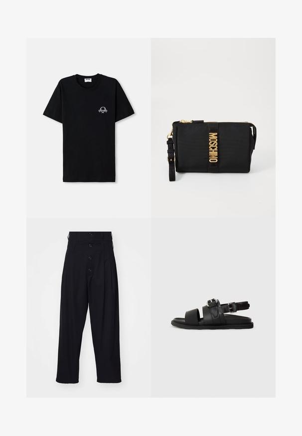 Black cotton t-shirt with a crew neckline. Features a small white graphic design on the chest. Short sleeves and straight hem.; Black trousers with a high waist, pleated front, and five-button closure. Smooth texture and wide, cropped leg design.; Black leather sandal featuring two wide straps and an adjustable ankle strap with a buckle. Flat sole with a textured edge.; Black nylon clutch with gold hardware, featuring a central logo strip. Includes a detachable strap and zip closure for secure use.