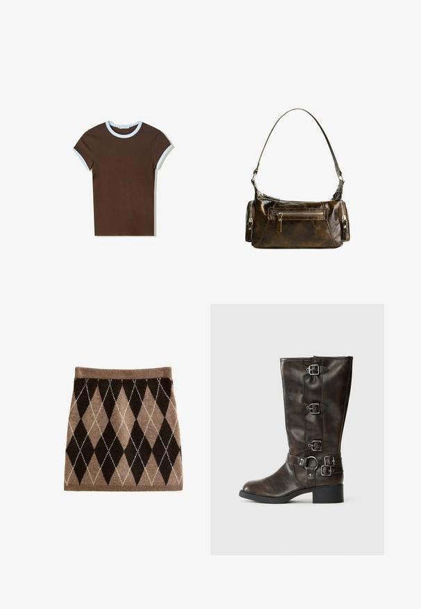 Brown cotton t-shirt with light blue ribbed neckline and sleeve accents. Short sleeves, fitted design, and smooth texture.; Knit skirt featuring an argyle pattern in brown and beige, with a ribbed waistband and soft texture. Rectangular shape, knee-length.; Brown leather knee-high boots with multiple buckles, a round toe, and a low chunky heel. Features a textured finish and adjustable straps.; Brown leather handbag with a curved shape, silver hardware, and two zippered pockets on the front. Adjustable shoulder strap included.