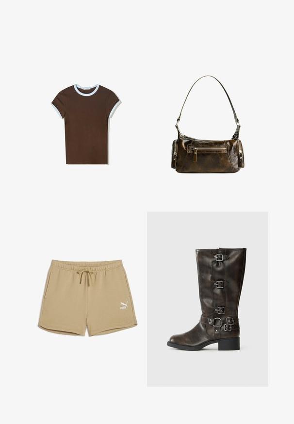 T-shirt en coton marron avec un col en côte bleu clair et des accents aux manches. Manches courtes, design ajusté et texture lisse.; Puma BETTER CLASSICS - Pantalon de survêtement - prairie tan; Bottes en cuir marron jusqu'aux genoux avec plusieurs boucles, un bout rond et un petit talon chunky. Présentent une finition texturée et des sangles ajustables.; Sac à main en cuir marron avec une forme courbée, matériel en argent et deux poches zippées à l'avant. Bandoulière réglable incluse.