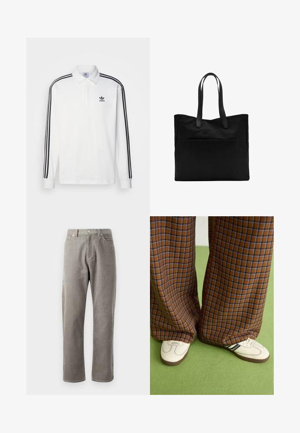 Biela polo košeľa s dlhým rukávom so klasickým golierom, čiernymi trojpruhovými akcentmi pozdĺž rukávov a malým čiernym logom na hrudi.; Sivé kordové nohavice so strihom rovného strihu, s vysokým pásom, prednými vreckami a jemnou vertikálnou ribbovou textúrou.; Hnedé a modré kárované nohavice s širokými nohavicami skombinované s bielymi topánkami s čiernymi akcentmi a textúrovanými podrážkami, umiestnené na zelenom pozadí.; Čierna taška s dlhými uchami, vyrobená z hladkej textílie. Obsahuje prednú vrecko a minimalistický dizajn. Žiadne viditeľné kovanie ani vzory.