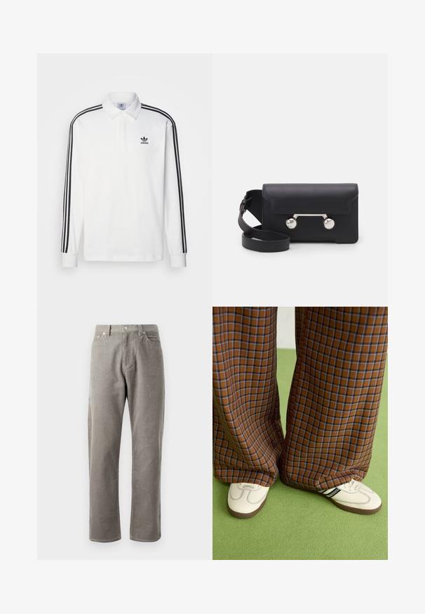 Fehér, hosszú ujjú póló, klasszikus gallérral, fekete háromcsíkos díszítéssel az ujjakon és egy kis fekete logóval a mellkason.; Szürke kordbársony nadrág egyenes szabású szabással, magas derékkal, elülső zsebekkel és finom függőleges bordázott textúrával.; Barna és kék kockás, bőrt lábú nadrág, fehér cipővel, fekete részletekkel és texturált talppal, zöld háttér előtt.; Fekete bőr keresztpántos táska hajtókával, ezüst színű kiegészítőkkel és két kerek díszítéssel. Levehető pánttal rendelkezik. Simább textúrájú.