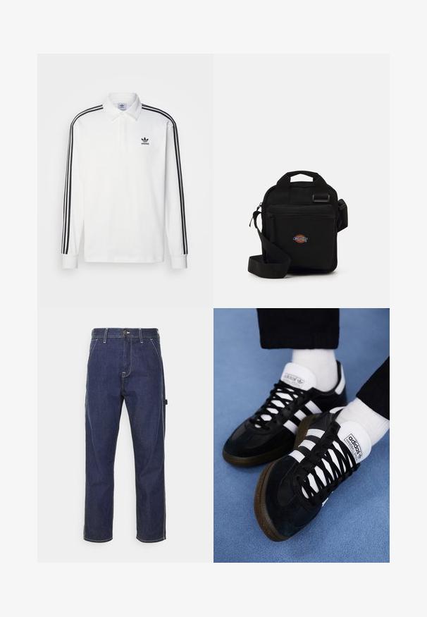 Polo shirt blanc à manches longues avec un col classique, des accents noirs à trois rayures le long des manches, et un petit logo noir sur la poitrine.; Pantalons cargo en denim bleu foncé avec des coutures jaunes, poches latérales et un design à coupe droite. Comprend une fermeture à bouton et à zip.; Baskets en daim noir avec des lacets blancs et trois bandes blanches. Elles présentent une semelle texturée et un logo sur la languette.; Sac à bandoulière noir avec une poche zippée, de forme rectangulaire, fabriqué en tissu, avec un patch logo à l'avant, bandoulière réglable.