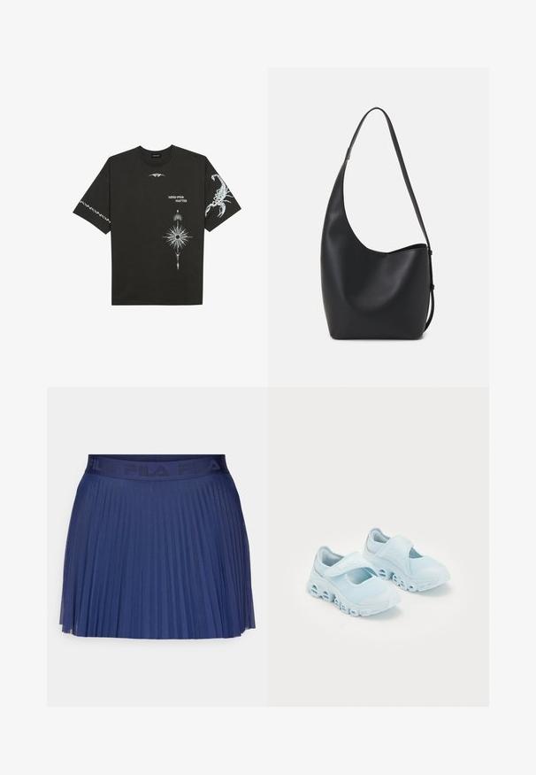 Camiseta de algodón negra con estampados gráficos en blanco, que incluyen un escorpión y diseños abstractos. Mangas cortas; escote redondo.; Falda plisada de color marino hecha de una tela ligera, con una cinturilla elástica que lleva el logo "FILA". Diseño fluido con plisados verticales para mayor movimiento.; Zapatillas azul claro con tela de malla, cortes prominentes en la suela y una correa de velcro en la parte superior para un ajuste seguro.; Bolso tipo hobo de cuero negro con una textura suave, forma curvada y una sola correa ajustable; presenta una amplia apertura en la parte superior.