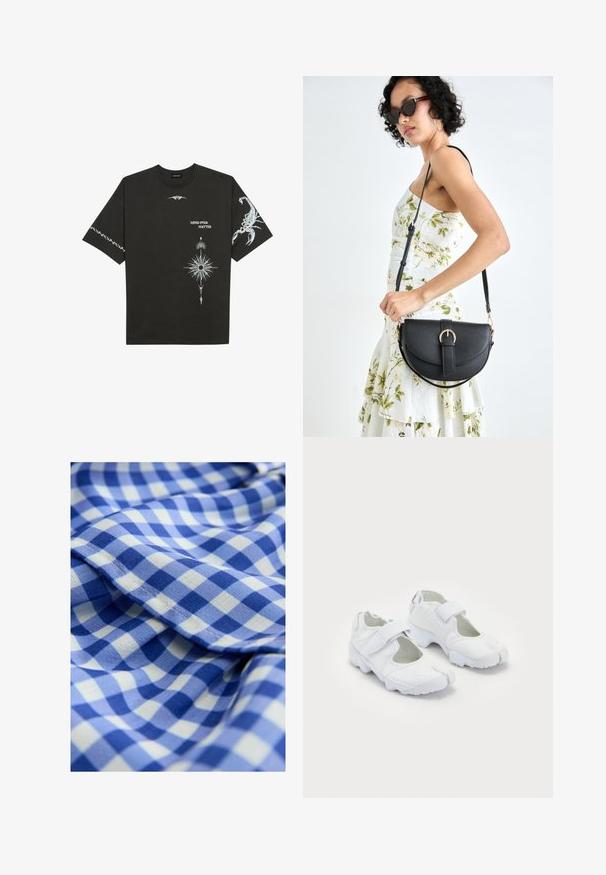 Crna pamučna majica s bijelim grafičkim printovima, uključujući škorpiona i apstraktne dizajne. Kratki rukavi; okrugli izrez.; Plava i bijela karirana tkanina s mekim teksturom, koja sadrži male kvadrate uizmjenjujućih nijansi plave. Uključuje detalj s naboranim rubom.; Bijele sportske cipele s teksturiranim gornjim dijelom, podesivim čičak trakama, zaobljenim vrhom i debelim potplatom s izraženim uzorkom.; Crna kožna torba s lukovitim oblikom, odvojivim remenom i zlatnim detaljima. Torba ima preklop s kopčom.