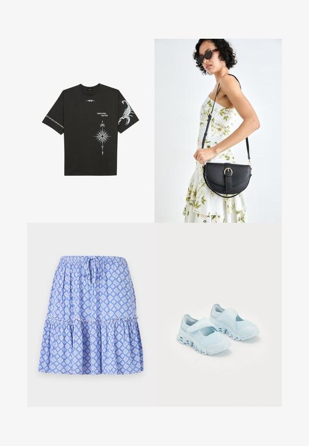 Crna pamučna majica s bijelim grafičkim printovima, uključujući škorpiona i apstraktne dizajne. Kratki rukavi; okrugli izrez.; Plava suknja s uzorkom, elastičnim pojasom, stepenastog dizajna i bijelim cvjetnim motivima. Izrađena od lagane tkanine s mekim teksturom.; Svijetloplave tenisice s mrežastom tkaninom, istaknutim prorezima u potplatu i čičak trakom preko vrha za sigurno prianjanje.; Crna kožna torba s lukovitim oblikom, odvojivim remenom i zlatnim detaljima. Torba ima preklop s kopčom.