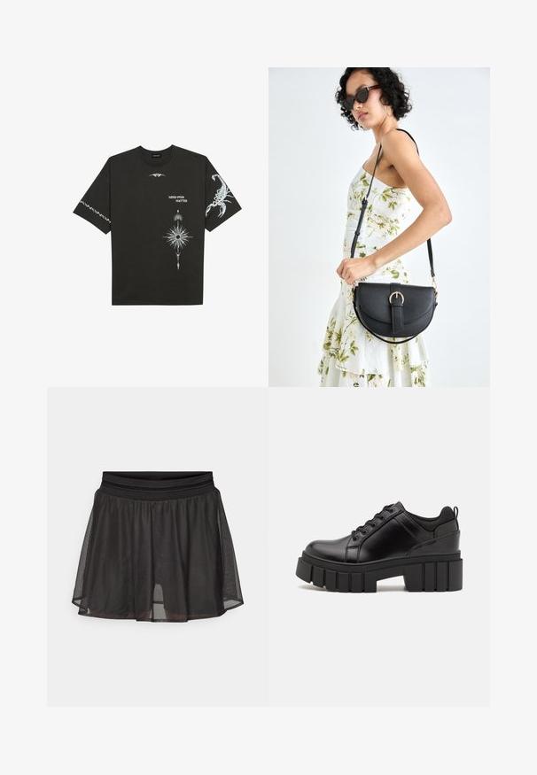 Camiseta de algodón negra con estampados gráficos en blanco, que incluyen un escorpión y diseños abstractos. Mangas cortas; escote redondo.; Puma PAMELA REIF 2 IN 1 SKORT - Falda de deporte - black; Zapatos de plataforma de cuero negro con un tacón cuadrado grueso, punta redonda y diseño tradicional de cordones. Presenta una textura suave y un detalle minimalista.; Bolso de piel negra con forma curva, correa desmontable y herrajes dorados. El bolso cuenta con una solapa con un detalle de hebilla.