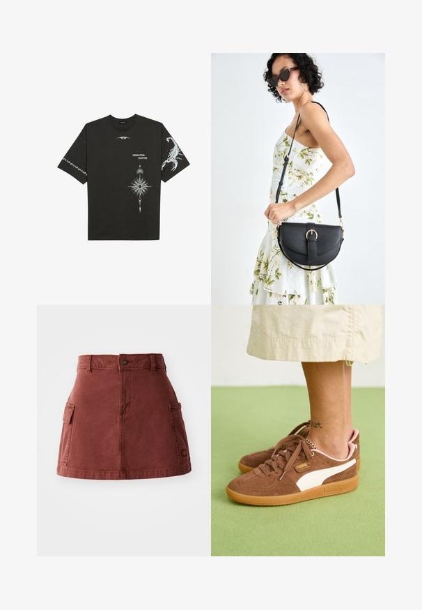 Svart bomull T-skjorte med hvite grafiske trykk, inkludert en skorpion og abstrakte design. Korte ermer; rund hals.; Rød bomullsskjørt med en strukturert design, med linning, to sidelommer og sømdetaljer. Glatt tekstur med en lett glans.; Brune suedé sneakers med hvit aksent, gummisåle og rosa hæl. Snøringer og merkevaredetalj synlig. Tatovering på ankelen delvis synlig.; Svart lærveske med en buet form, avtagbar stropp og gullbeslag. Vesken har et klaff med spenne-detall.