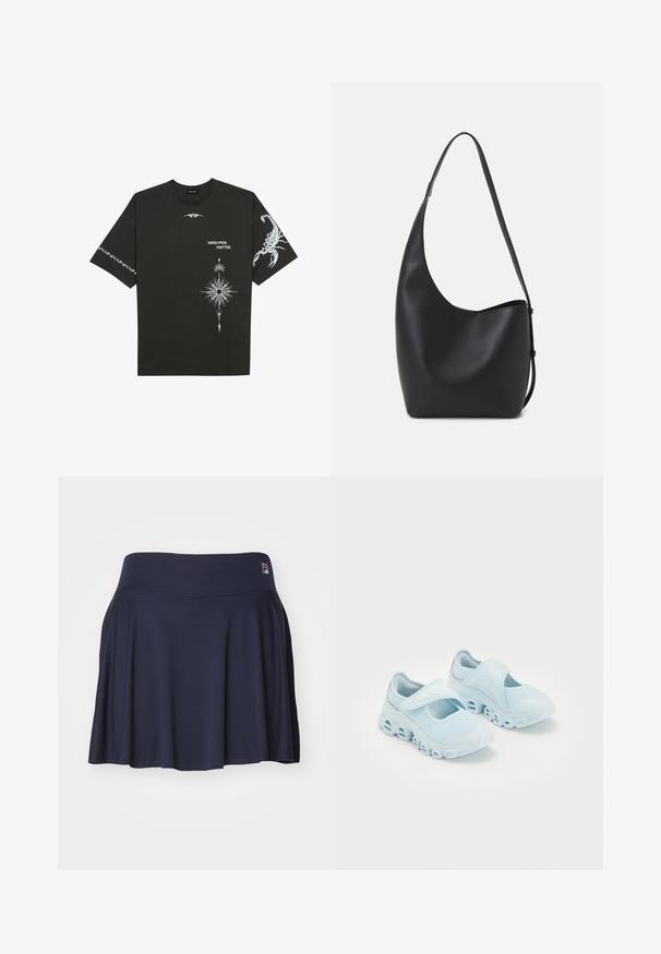 Black cotton t-shirt featuring white graphic prints, including a scorpion and abstract designs. Short sleeves; round neckline.; Fila SKORT NICCI - Sports skirt - navy; Light blue sneakers with mesh fabric, prominent cut-outs in the sole, and a Velcro strap across the top for secure fit.; Black leather hobo bag with a smooth texture, curved shape, and single adjustable strap; features a wide opening at the top.