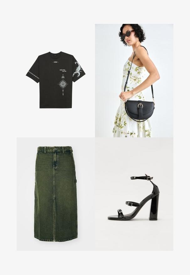 Juodas medvilnės marškinėliai su baltais grafikos spaudiniais, įskaitant skorpioną ir abstrakčius dizainus. Trumpomis rankovėmis; apvaliu iškirpimu.; Žalias džinsinis sijonas vidutinio ilgio, su priekiu prasiskverbimu, mygtukų užsegimu ir diržo kilpomis. Jo tekstūra yra šiek tiek išblukusi, su šoninėmis kišenėmis.; Juodos patentuotos aukštakulnės basutės su dviem sagtelėmis, kvadratine nosimi ir stambiu blokiniu kulnu, pasižyminčios lygiu, blizgiu paviršiumi.; Juodas odinis krepšys su išlenkta forma, nuimamu dirželiu ir auksiniais detalėmis. Krepšys turi kilpą su sagtimi.