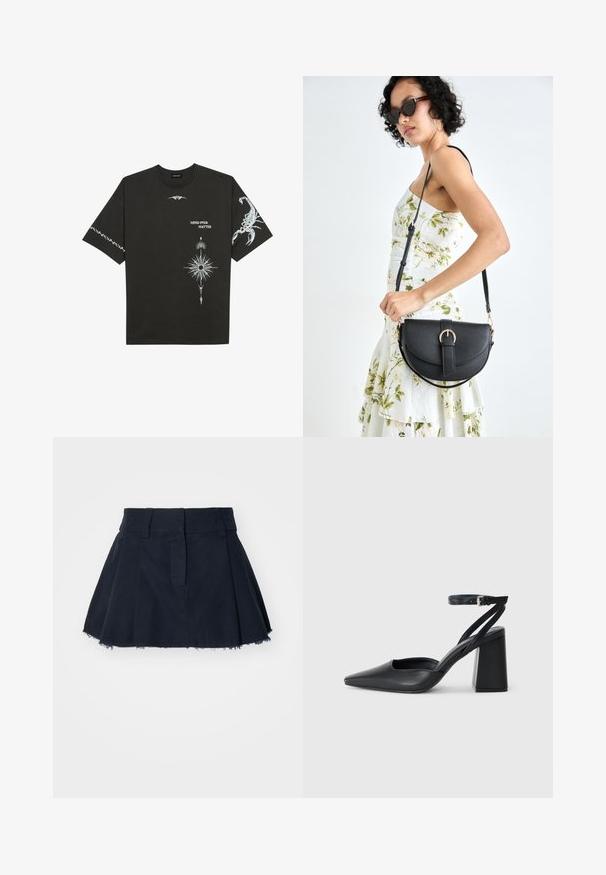Fekete pamut póló, fehér grafikával, beleértve egy skorpiót és absztrakt mintákat. Rövid ujjú; kerek nyakú.; Tengerészkék pamut szoknya, fodros fazonnal, redők nélkül, rojtos szegéllyel és övekkel ellátott derékrésszel.; Fekete bőr, hegyes orrú magassarkú cipő boka pánttal és vastag sarokkal. Sima textúra, elegáns dizájn és minimális esztétika.; Fekete bőrtáska ívelt formával, levehető pánttal és arany színű fémrészekkel. A táskán egy csattal díszített fedél található.