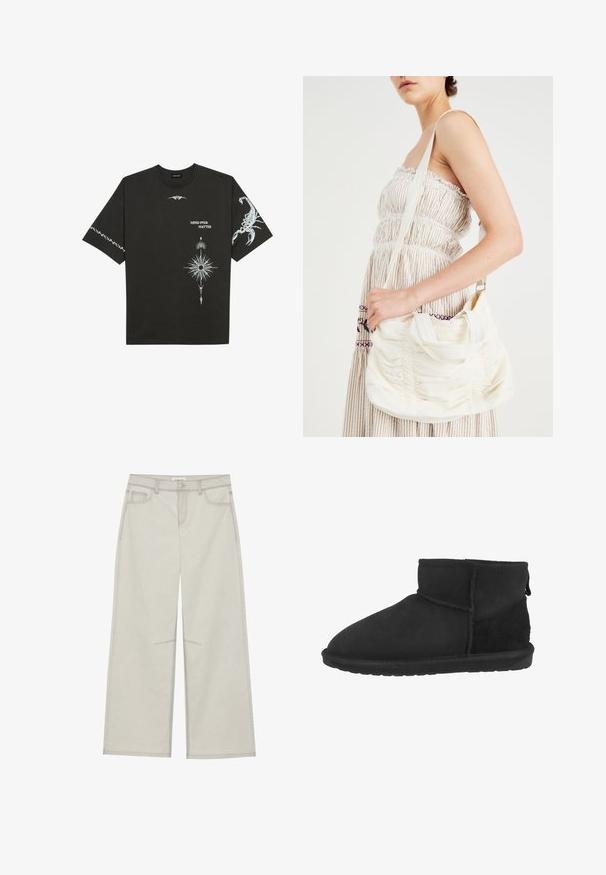 T-shirt in cotone nero con stampe grafiche bianche, tra cui un scorpione e design astratti. Maniche corte; scollatura rotonda.; Pantaloni a gamba larga grigio chiaro con cinque tasche, chiusura frontale con bottone e cuciture a contrasto lungo le cuciture. Il tessuto appare morbido e resistente.; Stivale alla caviglia nero realizzato in suede e tessuto morbido, con punta rotonda e suola piatta in gomma, dotato di un gambale corto e affusolato.; Borsa a spalla in tessuto bianco con texture arricciata, tracolla regolabile e dettagli in argento. Esibita accanto a un vestito color crema.