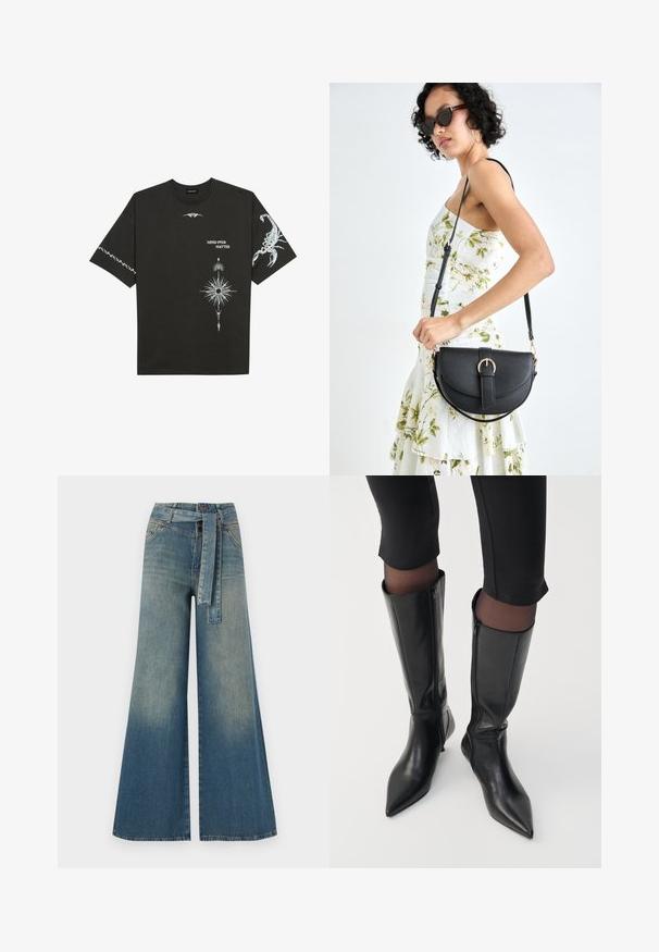 Svart bomull T-skjorte med hvite grafiske trykk, inkludert en skorpion og abstrakte design. Korte ermer; rund hals.; Bredde ben jeans med en lyseblå til mørkeblå gradient, høyt liv, beltehemper og et matchende belte i samme stoff. Teksturert denimoverflate.; Svarte lær støvler til kneet med spisse tå og glidelåsdetaljer, med et slankt design og blank tekstur.; Svart lærveske med en buet form, avtagbar stropp og gullbeslag. Vesken har et klaff med spenne-detall.