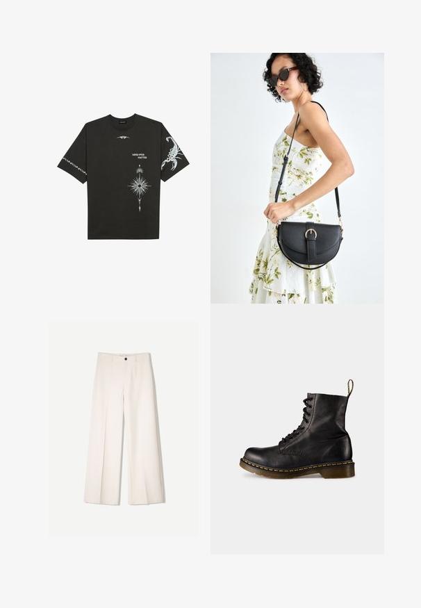 Crna pamučna majica s bijelim grafičkim printovima, uključujući škorpiona i apstraktne dizajne. Kratki rukavi; okrugli izrez.; Kreme hlače širokih nogavica s krojem koji je prilagođen, s dva prednja džepa i jednim prednjim zatvaranjem na gumb, izrađene od glatkog materijala.; Crne kožne čizme sa pertlanjem i okruglim prstima, žutim šavovima duž đona i trakicom za lakše obuvanje na poleđini. Tekstuirana površina, debeli đon.; Crna kožna torba s lukovitim oblikom, odvojivim remenom i zlatnim detaljima. Torba ima preklop s kopčom.