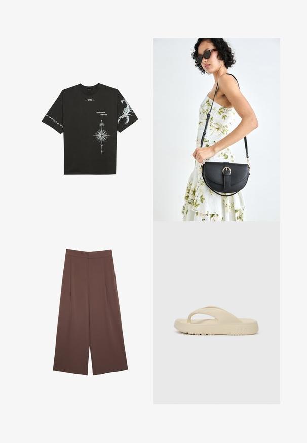 Crna pamučna majica s bijelim grafičkim printovima, uključujući škorpiona i apstraktne dizajne. Kratki rukavi; okrugli izrez.; Smeđe hlače širokog kroja s glatkom teksturom, koje imaju visok struk i nabore sprijeda. Tkanina je lagana i slobodno se kreće.; Bež japanka napravljena od gume, s jednim međuprstnim trakama i debelim đonom s uzorkom trzanja. Oznaka s Fila logotipom.; Crna kožna torba s lukovitim oblikom, odvojivim remenom i zlatnim detaljima. Torba ima preklop s kopčom.