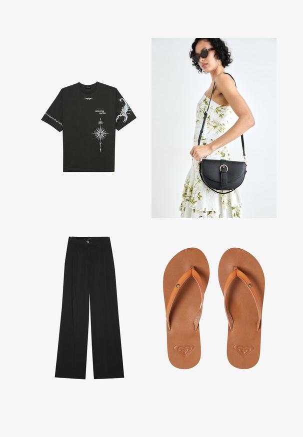 Melnas kokvilnas T-krekls ar baltajiem grafiskajiem printiem, tostarp skorpiona un abstraktiem dizainiem. Īsas piedurknes; apaļa kakla izgriezums.; Melni platā kāju bikses ar krokām, ar pogu aizdari un divām sānu kabatām; gluda tekstūra ar pielāgotu dizainu.; Brūnas sintētiskas flip-flops ar oranžām siksnām, struktūrēta virsma un izspiests sirds logo uz zoles.; Melnas ādas rokassoma ar izliekta formu, noņemamu siksnu un zelta aksesuāriem. Somai ir vāciņš ar sprādzes detaļu.