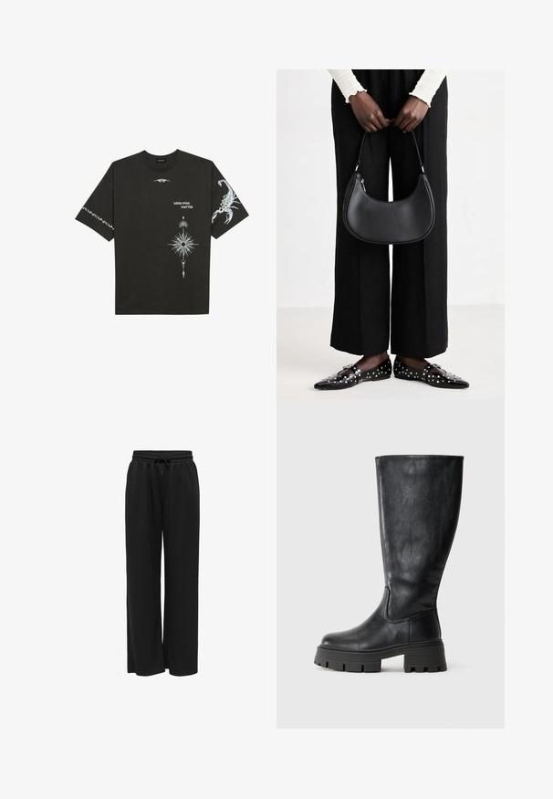 Černé bavlněné tričko s bílými grafickými potisky, včetně štíra a abstraktních vzorů. Krátké rukávy; kulatý výstřih.; Černé široké kalhoty vyrobené z měkké tkaniny, s elastickým pasem a stahovací šňůrkou pro nastavitelné nošení. Bez vzorů nebo akcentů.; Černé kozačky do kolen vyrobené z hladké kůže s robustní, texturovanou podrážkou a diskrétním švem podél vnější strany.; Černá kožená kabelka přes rameno s kulatým tvarem, lesklým povrchem a stříbrnými kovovými prvky. Osoba v černých širokých kalhotách a s ozdobenými mokasíny.